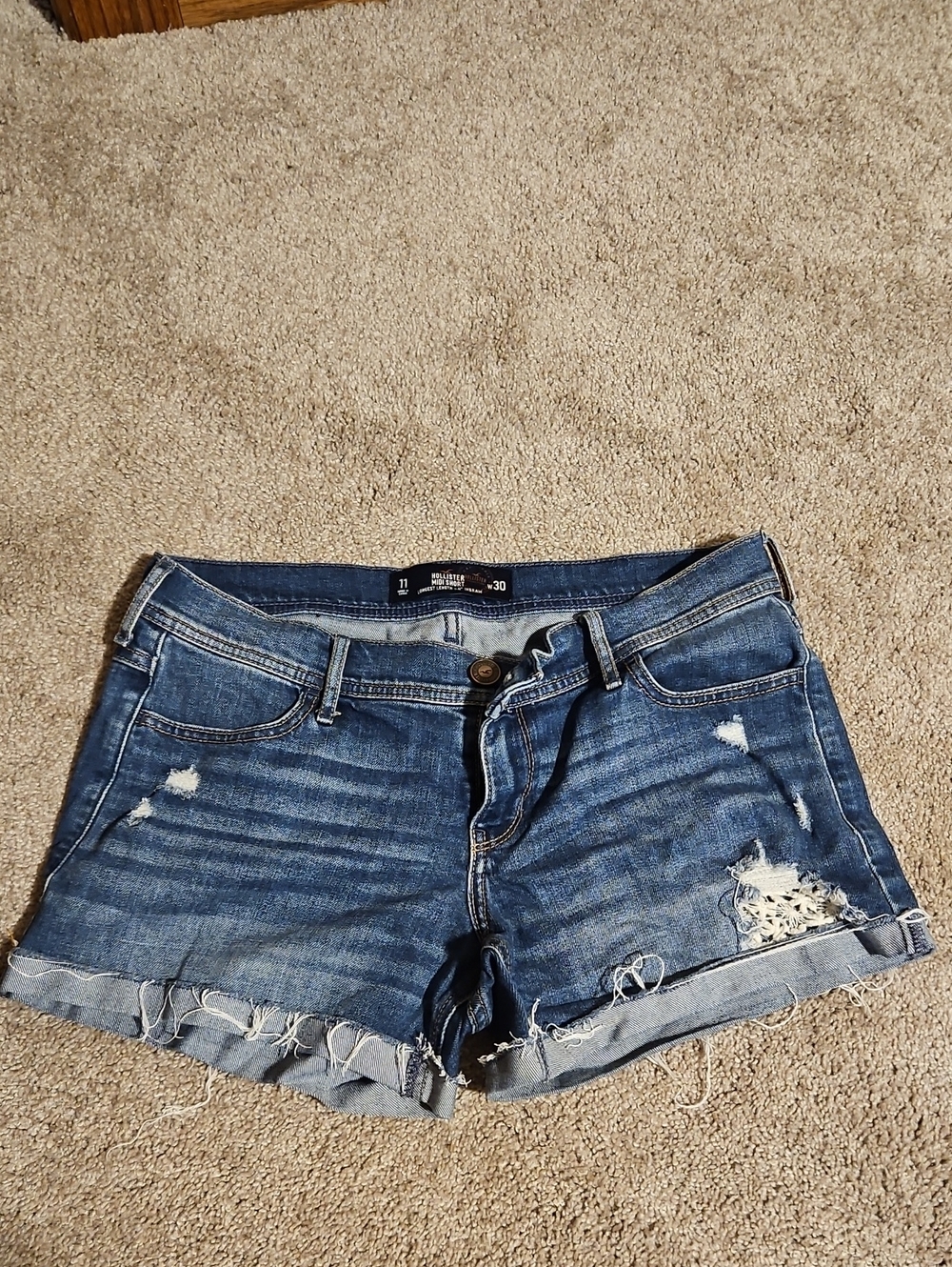 Hollister Dark Blue Distressed Denim Shorts with Rolled Frayed Hem